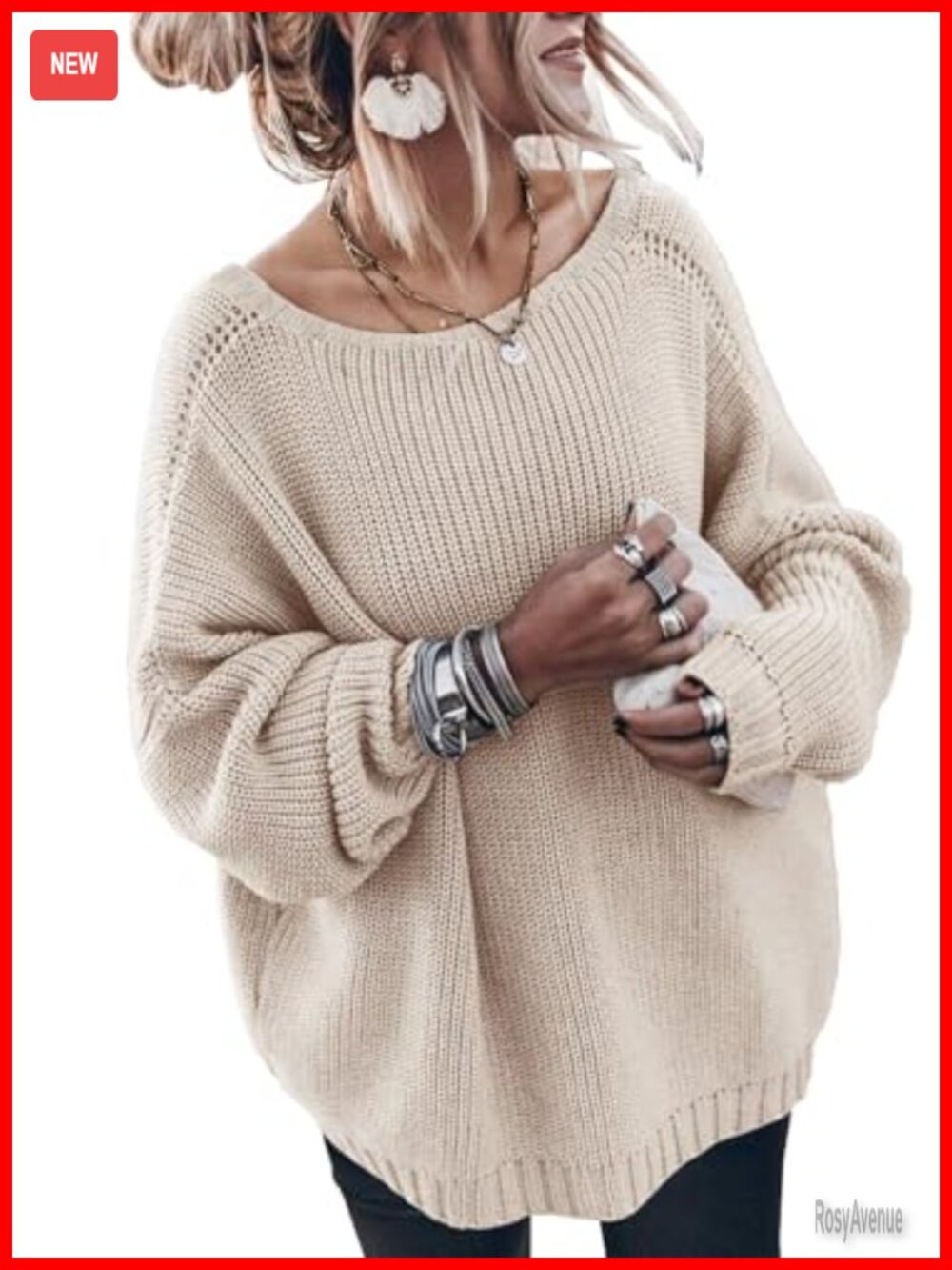 Womens Oversized 100% Cotton Knit Sweater Pullover Crew Neck Long Sleeve